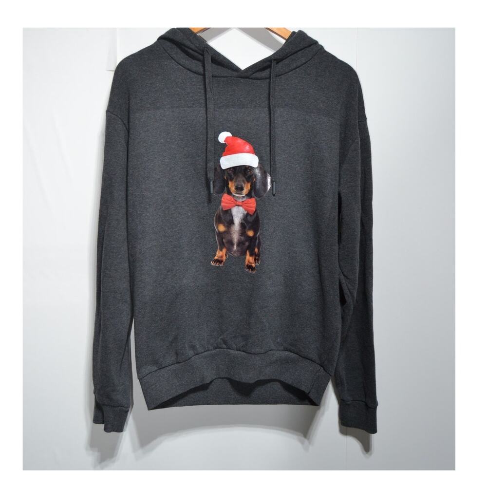 Denim & Flower Christmas Weiner Dog Hooded Sweatshirt Gray Size Medium